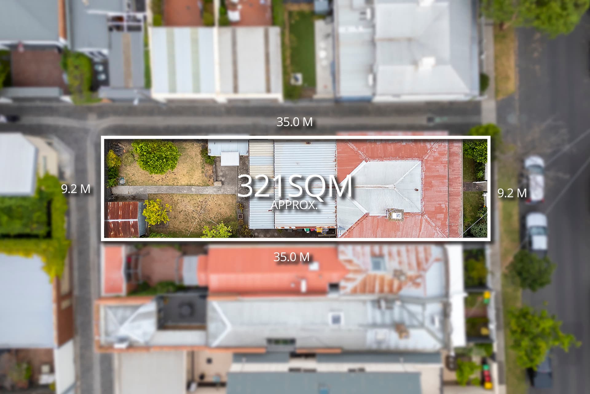 Aerial view of a 321 square metre inner-city block